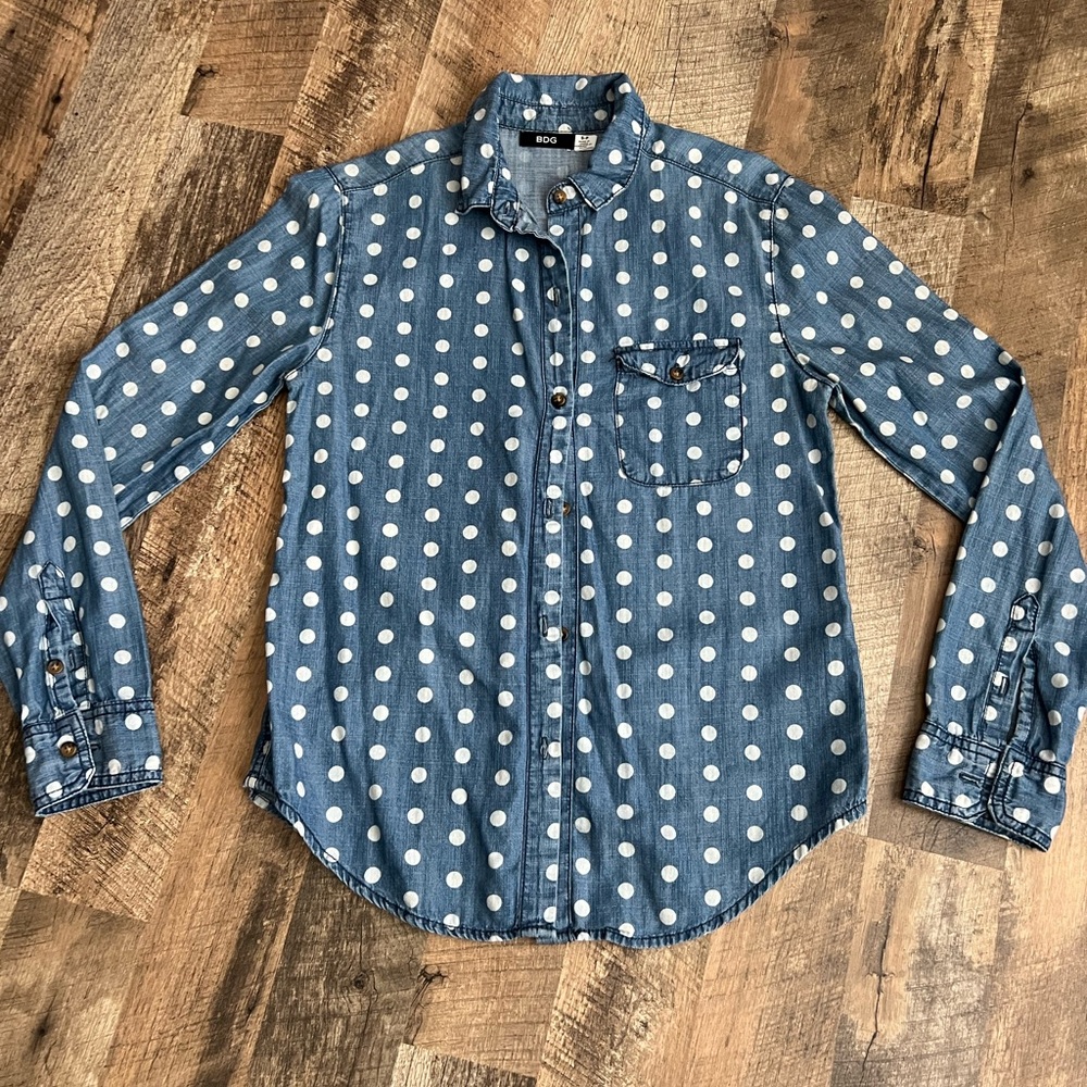 BDG button up jean shirt with white polka dots and front pocket size small